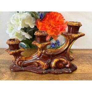 Vintage Blue Mountain Pottery Triple Candle Holder Harvest Gold Brown Drip Glaze